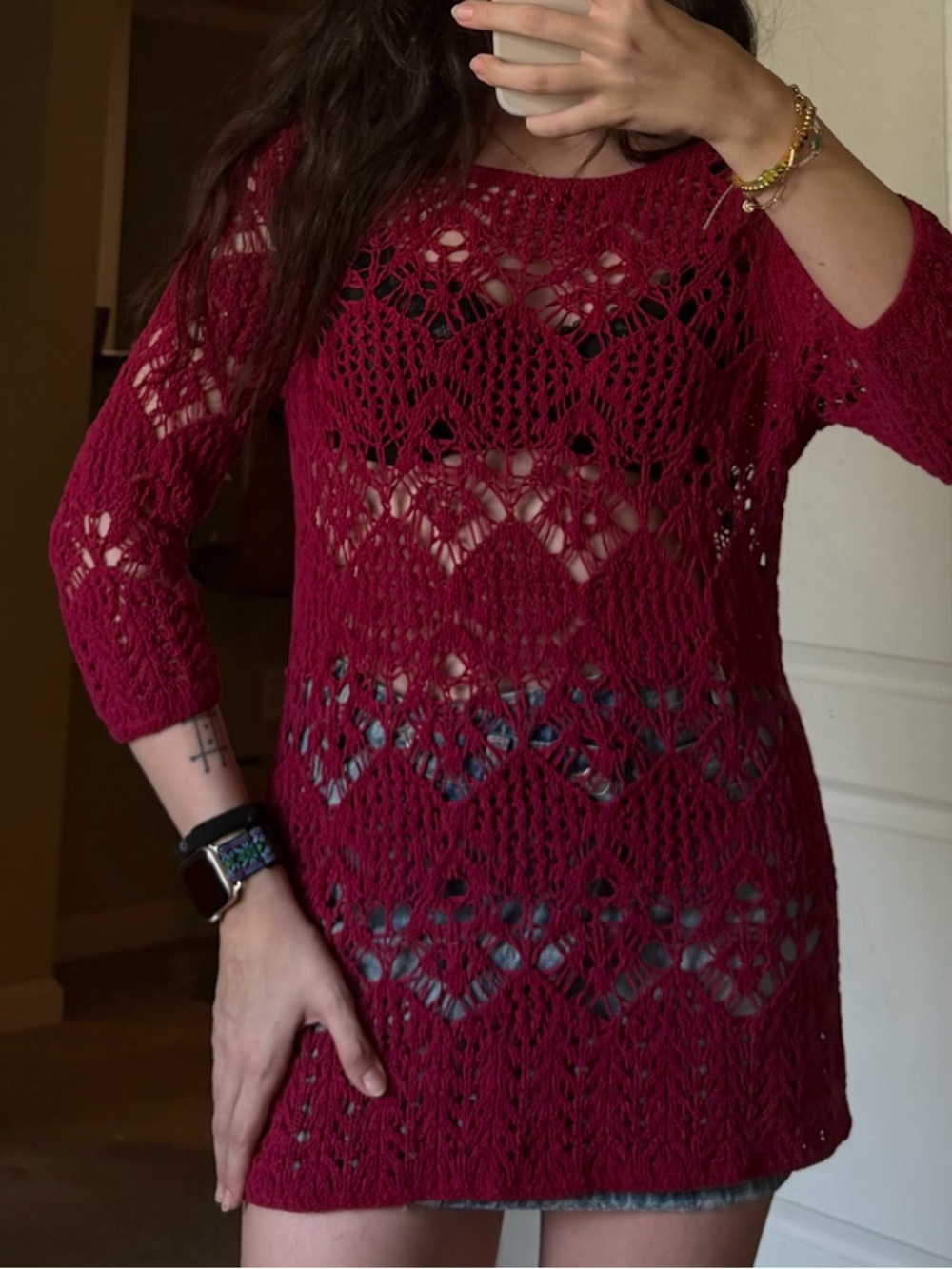 Magenta Crochet Long Sleeve Tunic Dress/Top